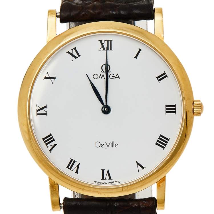 Pre Owned Omega Vintage White 18K Yellow Gold & Leather De Ville 195.2378 Men's Wristwatch 32 mm