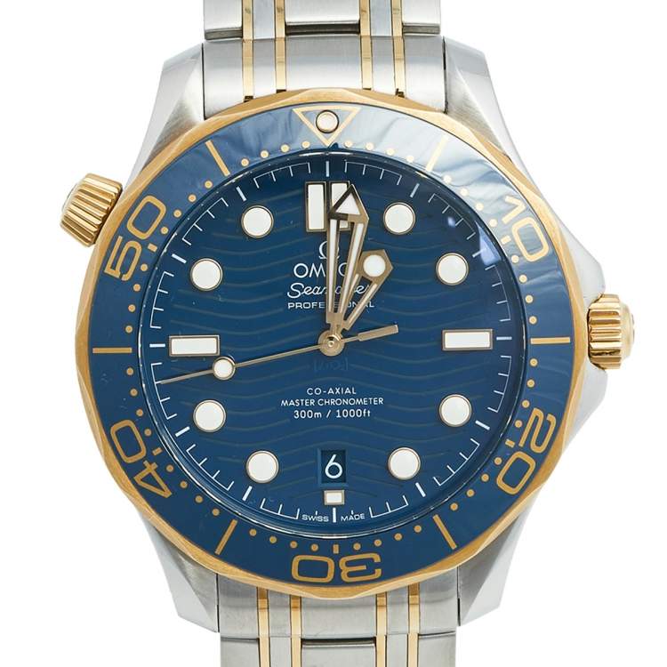 Pre Owned Omega Blue 18k Yellow Gold Stainless Steel Seamaster 210.20.42.20.03.001 Men's Wristwatch 42 mm
