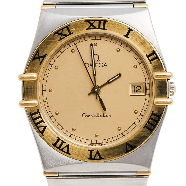 Pre Owned Omega Champagne 18K Yellow Gold Stainless Steel Constellation 396.1070 Men's Wristwatch 35 mm