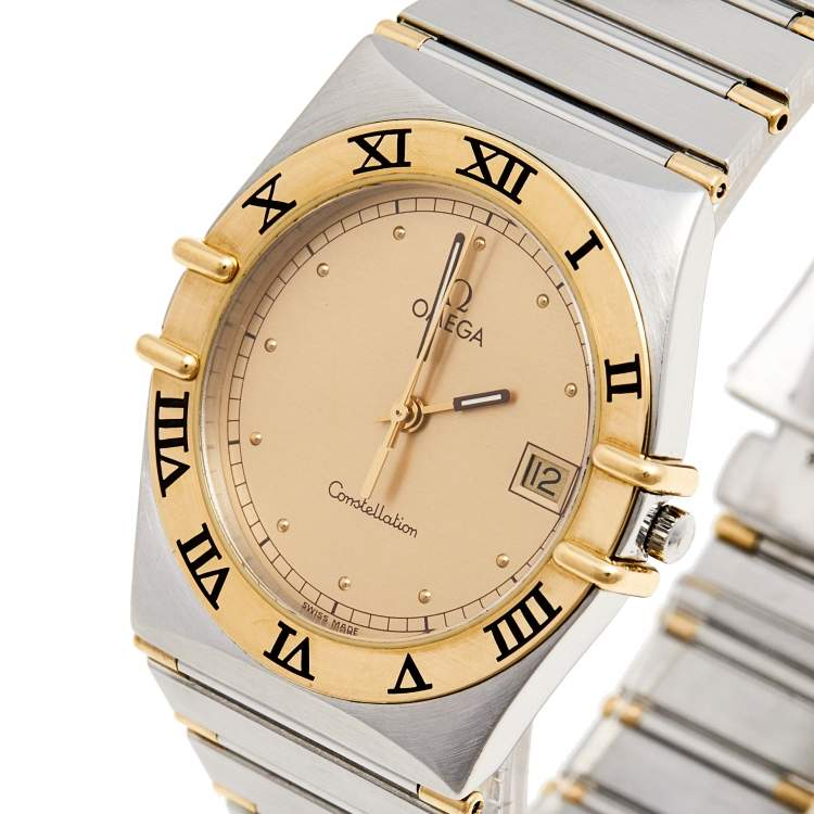 Pre Owned Omega Champagne 18K Yellow Gold Stainless Steel Constellation 396.1070 Men's Wristwatch 35 mm