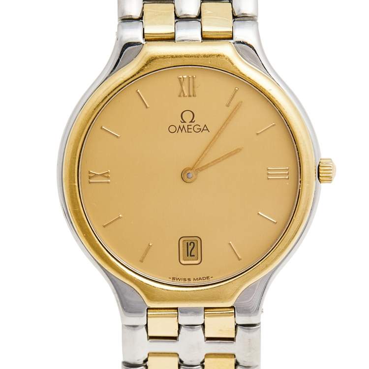 Pre Owned Omega Champagne 18K Yellow Gold Stainless Steel De Ville Symbol 196.0316 Men's Wristwatch 32 mm