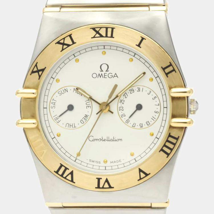 Pre Owned Omega White 18K Yellow Gold And Stainless Steel Constellation 396.1070 Quartz Men's Wristwatch 33 mm
