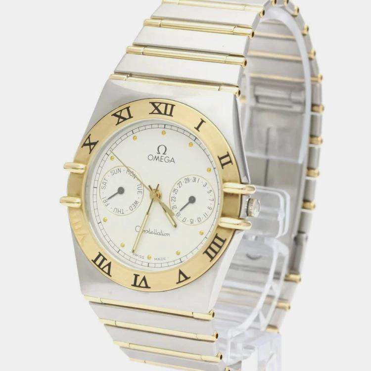 Pre Owned Omega White 18K Yellow Gold And Stainless Steel Constellation 396.1070 Quartz Men's Wristwatch 33 mm