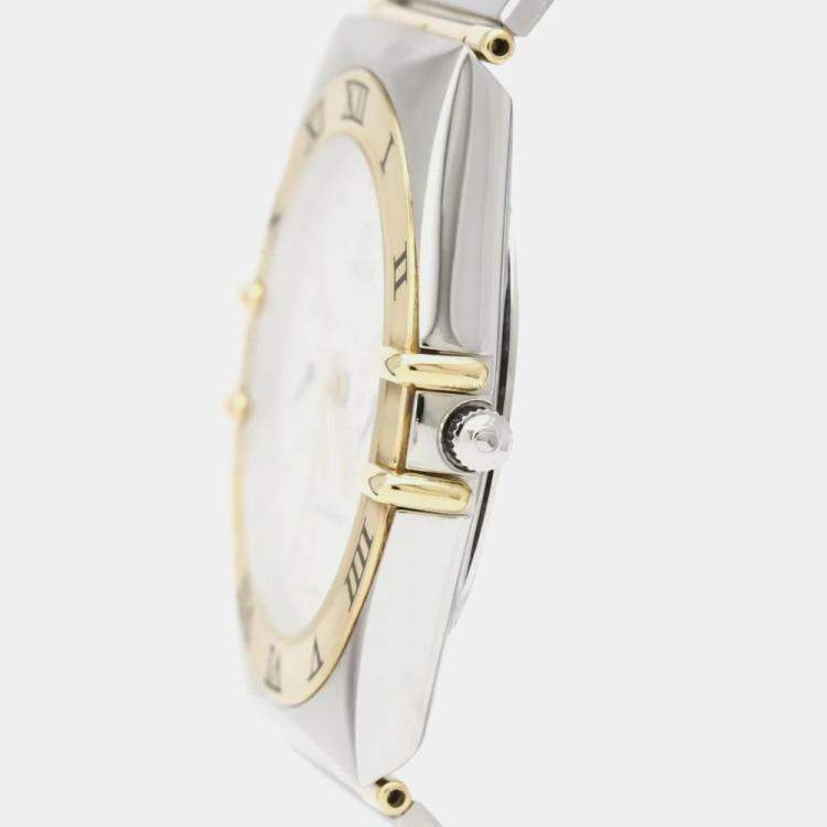 Pre Owned Omega White 18K Yellow Gold And Stainless Steel Constellation 396.1070 Quartz Men's Wristwatch 33 mm