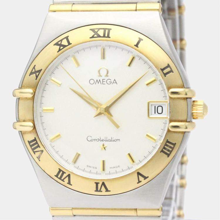 Pre Owned Omega White 18K Yellow Gold And Stainless Steel 1212.30 Constellation Quartz Men's Wristwatch 33 mm