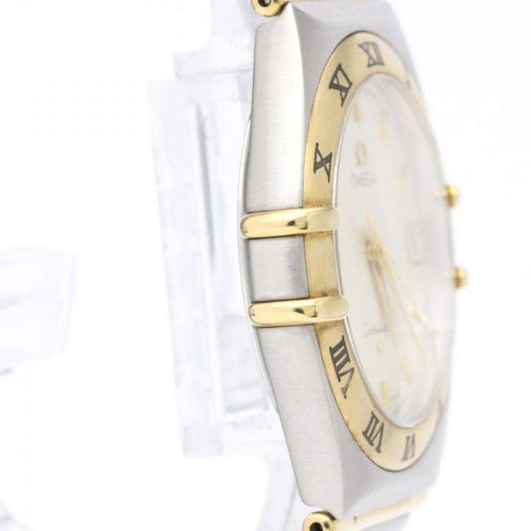 Pre Owned Omega White 18K Yellow Gold And Stainless Steel 1212.30 Constellation Quartz Men's Wristwatch 33 mm