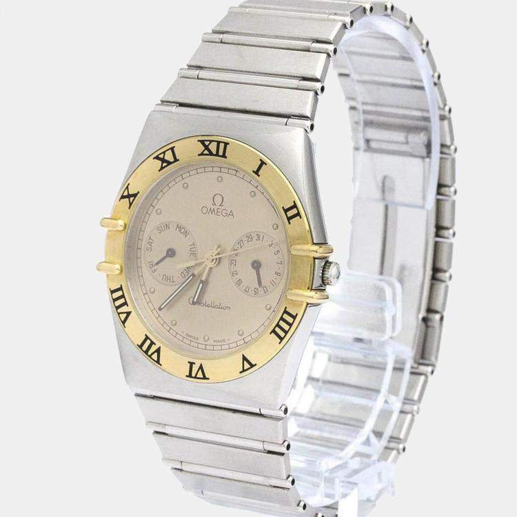 Pre Owned Omega Champagne 18K Yellow Gold And Stainless Steel Constellation 396.1070 Men's Wristwatch 33 mm