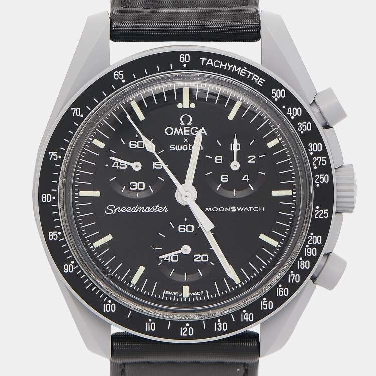 Pre Owned Omega X Swatch Black Grey Bioceramic Velcro Mission To The Moon MoonSwatch S033M100 Men's Wristwatch 42 mm
