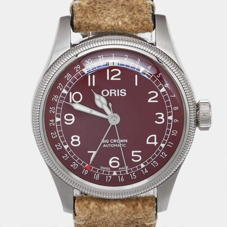 مملوكة مسبقًا Oris Big Crown Pointer Date 01 754 7741 4068 Red Dial Stainless Steel Leather Men's Wristwatch 40 mm