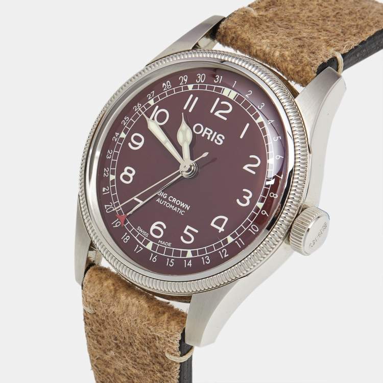 مملوكة مسبقًا Oris Big Crown Pointer Date 01 754 7741 4068 Red Dial Stainless Steel Leather Men's Wristwatch 40 mm