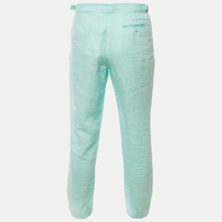 Pre Owned Orlebar Brown Turquoise Blue Linen Griffon Trousers L/Waist 34"