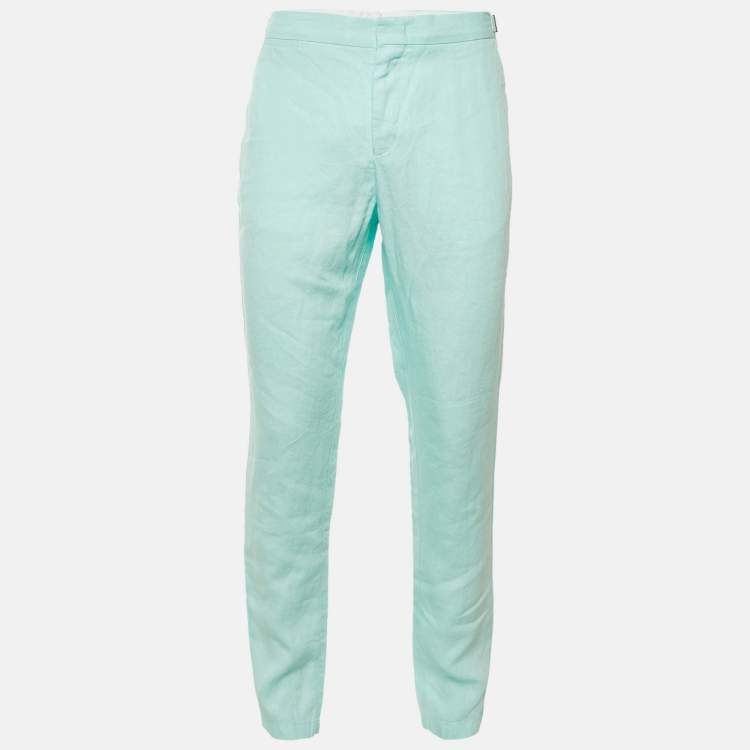 Pre Owned Orlebar Brown Turquoise Blue Linen Griffon Trousers L/Waist 34"
