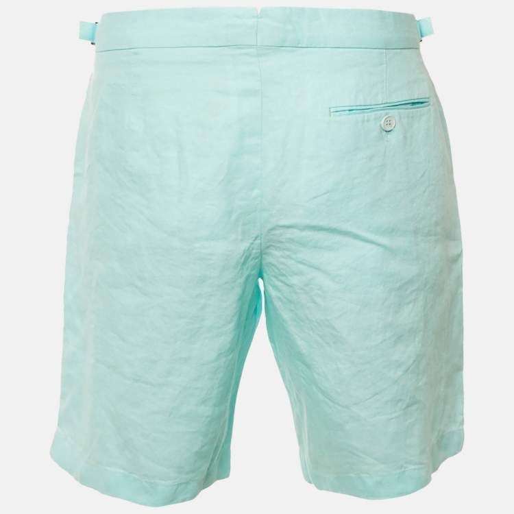 Pre Owned Orlebar Brown Turquoise Blue Linen Norwich Shorts L/ Waist 35"