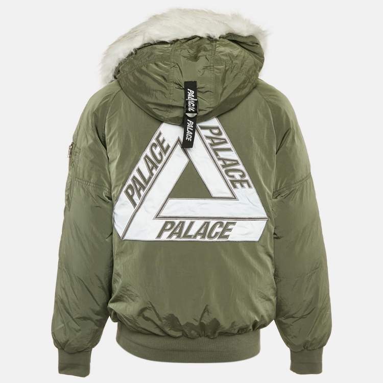 مملوكة مسبقًا Palace Green Nylon Detachable Fur Hooded Bomber Jacket M