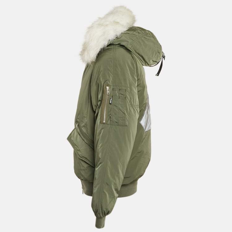 مملوكة مسبقًا Palace Green Nylon Detachable Fur Hooded Bomber Jacket M