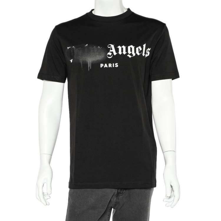 Pre Owned Palm Angels Black Sprayed Logo Printed Cotton Crewneck T-Shirt M