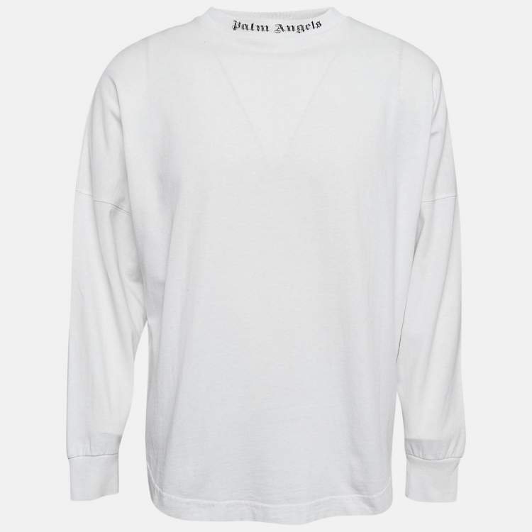 مملوكة مسبقًا Palm Angels White Logo Print Cotton Knit Crew Neck Sweatshirt XS