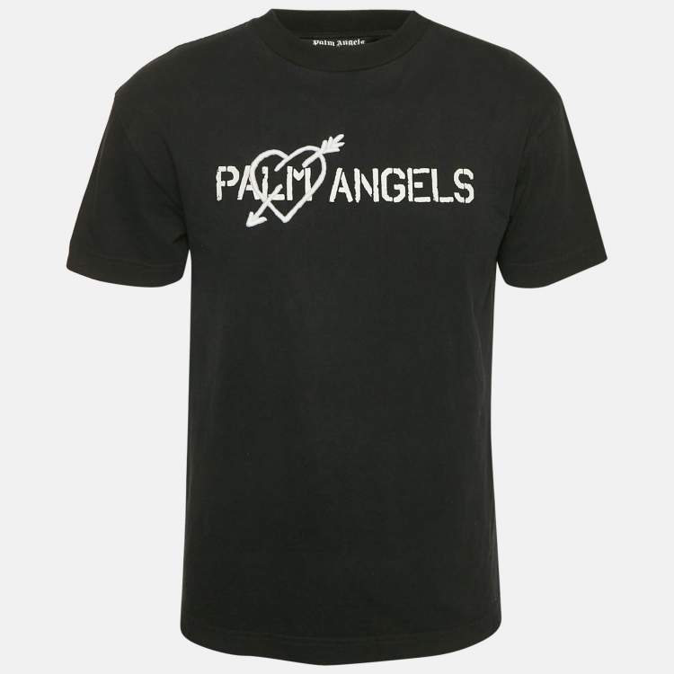 Pre Owned Palm Angels Black Logo Print and Heart Embroidery Cotton Crew Neck T-Shirt S
