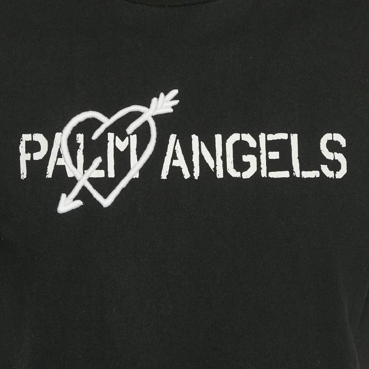 Pre Owned Palm Angels Black Logo Print and Heart Embroidery Cotton Crew Neck T-Shirt S