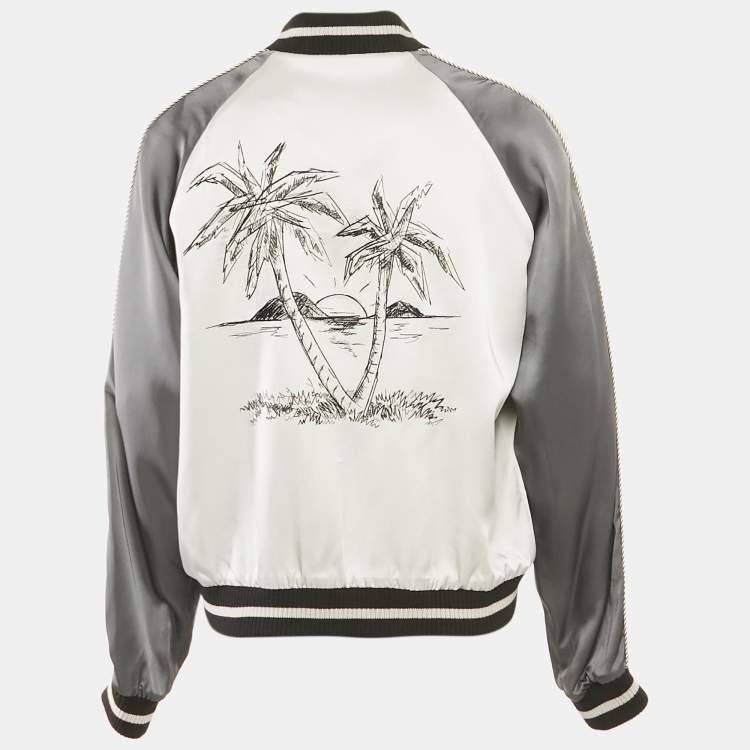 Pre Owned Palm Angels Grey Palm Embroidered Satin Zip-Up Bomber Jacket L