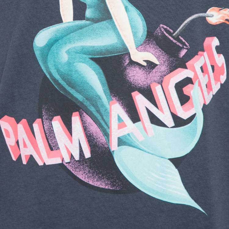 Pre Owned Palm Angels Grey Cotton Mermaid Printed Double Neck Distressed T Shirt L