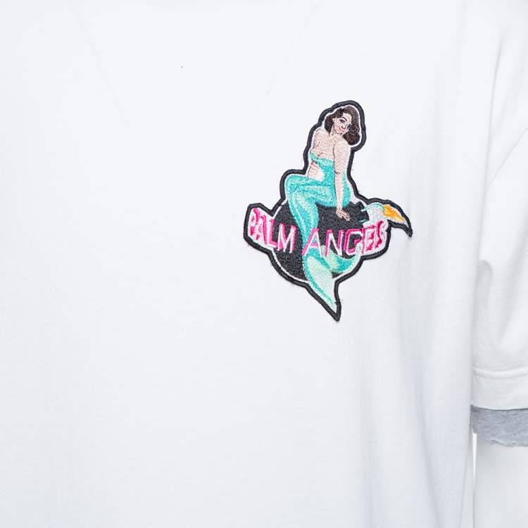 Pre Owned Palm Angels White Mermaid Printed Cotton & Applique Detail Crewneck T-shirt L