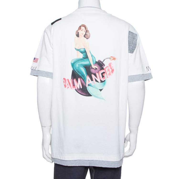 Pre Owned Palm Angels White Mermaid Printed Cotton & Applique Detail Crewneck T-shirt L