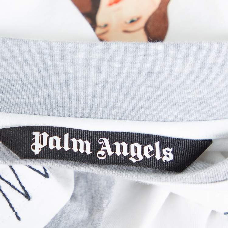Pre Owned Palm Angels White Mermaid Printed Cotton & Applique Detail Crewneck T-shirt L