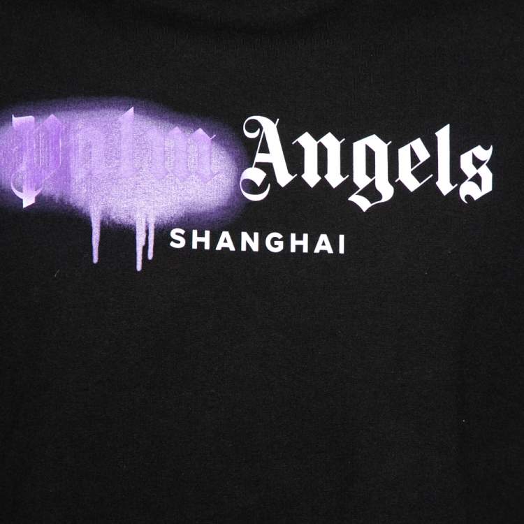 Pre Owned Palm Angels Black Cotton Sprayed Logo Printed Crew Neck T-Shirt L