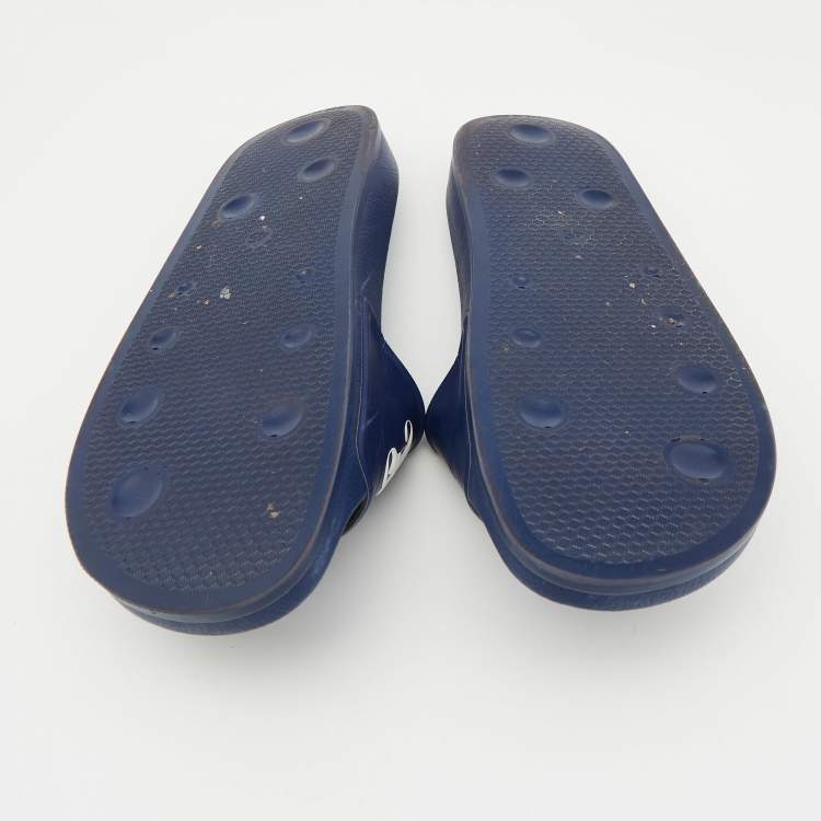 Pre Owned Palm Angels Blue Leather Logo Flat Slides Size 45