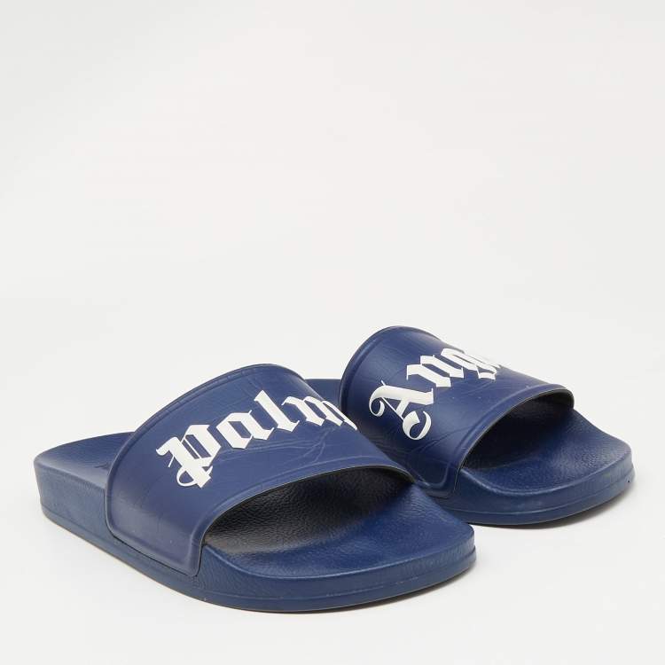 Pre Owned Palm Angels Blue Leather Logo Flat Slides Size 45