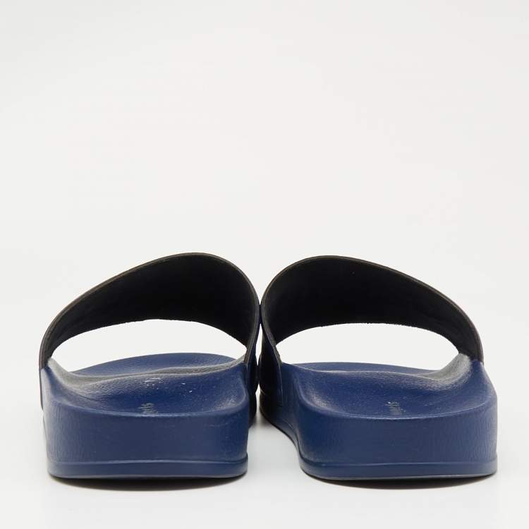 Pre Owned Palm Angels Blue Leather Logo Flat Slides Size 45