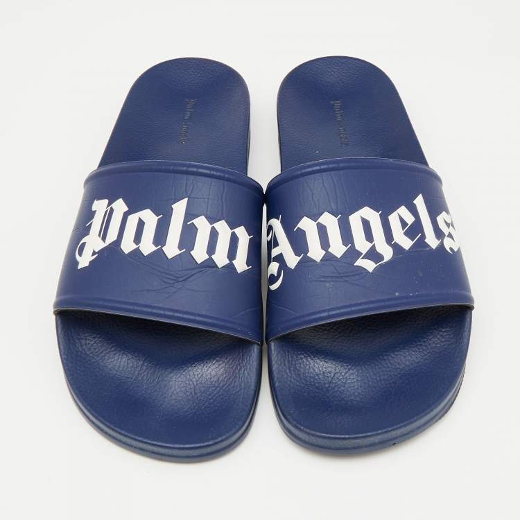 Pre Owned Palm Angels Blue Leather Logo Flat Slides Size 45