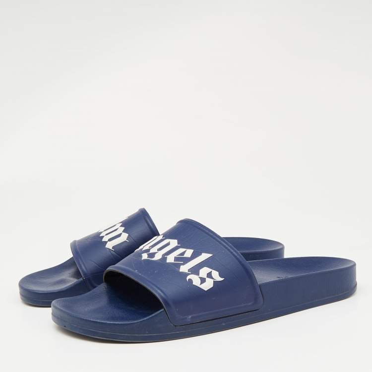 Pre Owned Palm Angels Blue Leather Logo Flat Slides Size 45