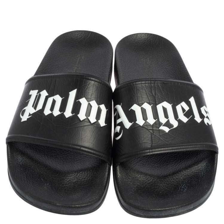 Pre Owned Palm Angels Black Leather Logo Pool Slides Size 42