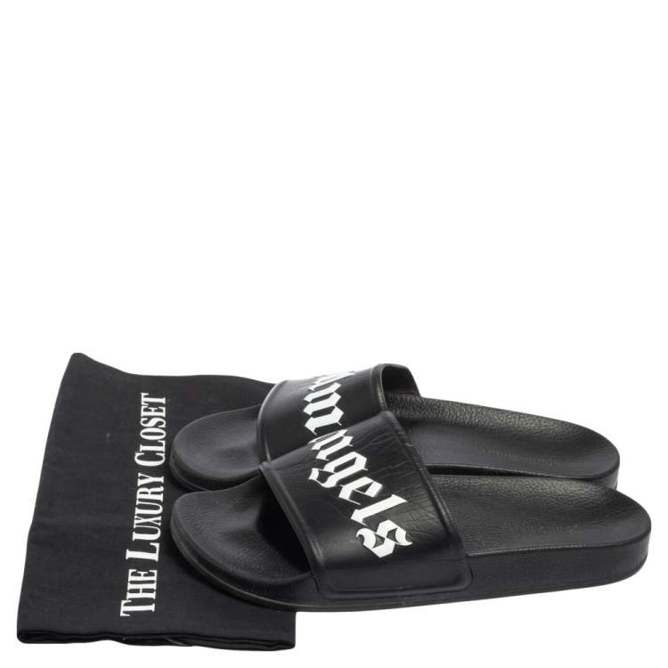 Pre Owned Palm Angels Black Leather Logo Pool Slides Size 42