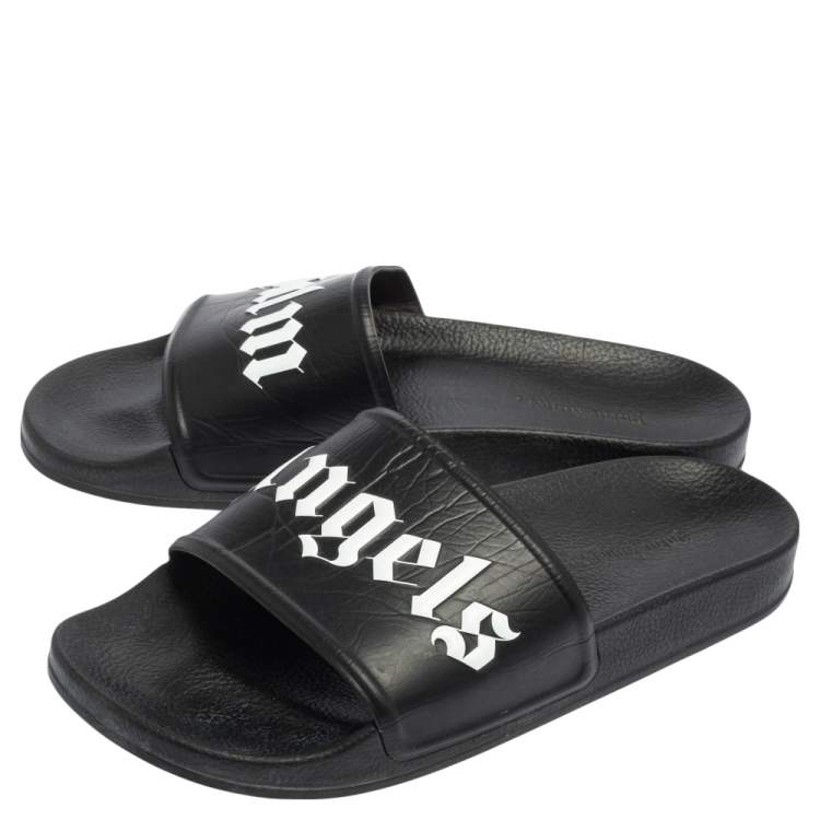 Pre Owned Palm Angels Black Leather Logo Pool Slides Size 42