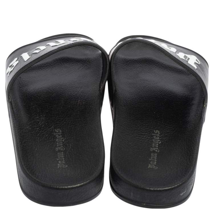 Pre Owned Palm Angels Black Leather Logo Pool Slides Size 42