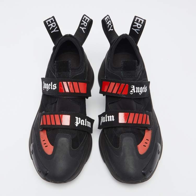 Pre Owned Palm Angels Black Leather And Fabric Canvas Vulcanized Low Top Sneakers Size 42