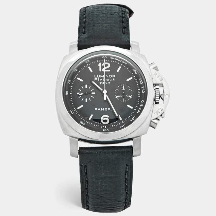 Pre Owned Paneral Luminor Flyback 1950 PAM00212 Stainless Steel Leather Men's Wristwatch 44 mm