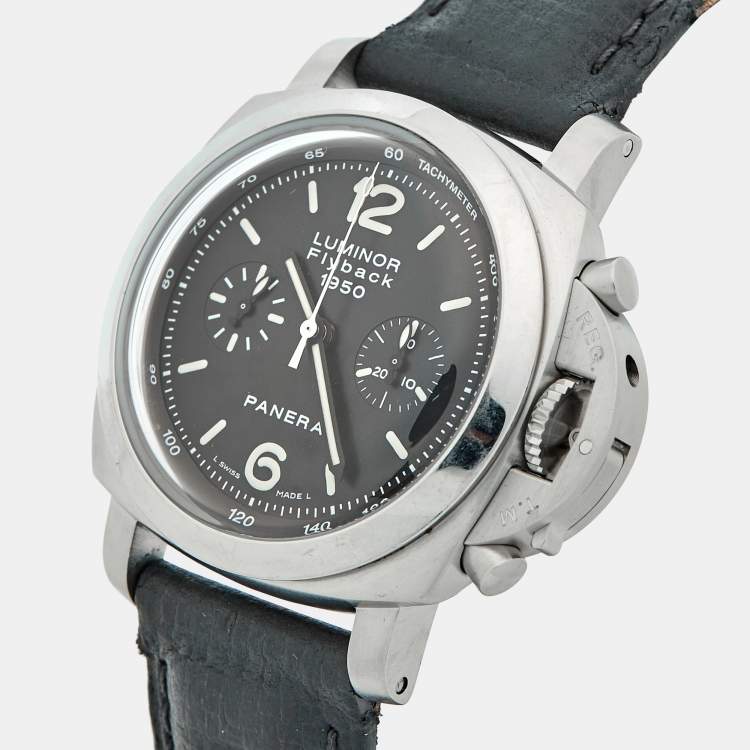 Pre Owned Paneral Luminor Flyback 1950 PAM00212 Stainless Steel Leather Men's Wristwatch 44 mm