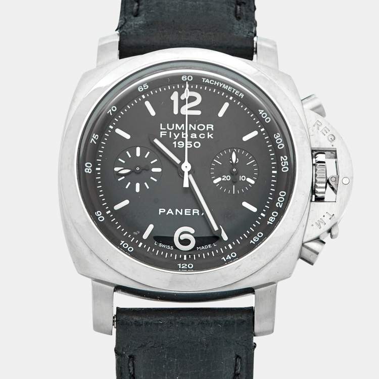 Pre Owned Paneral Luminor Flyback 1950 PAM00212 Stainless Steel Leather Men's Wristwatch 44 mm