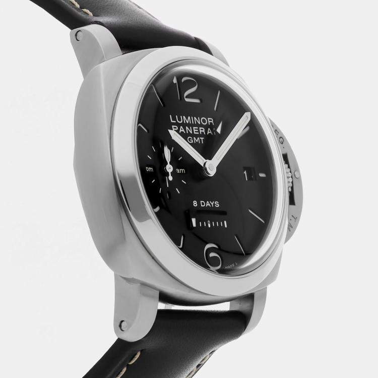 Pre Owned Pre-Owned Panerai Luminor 1950 8 Days GMT Acciaio PAM 233 Black Manual Winding Stainless Steel  Men's Wristwatch 44 MM