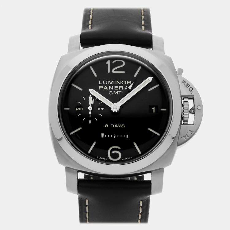 Pre Owned Pre-Owned Panerai Luminor 1950 8 Days GMT Acciaio PAM 233 Black Manual Winding Stainless Steel  Men's Wristwatch 44 MM