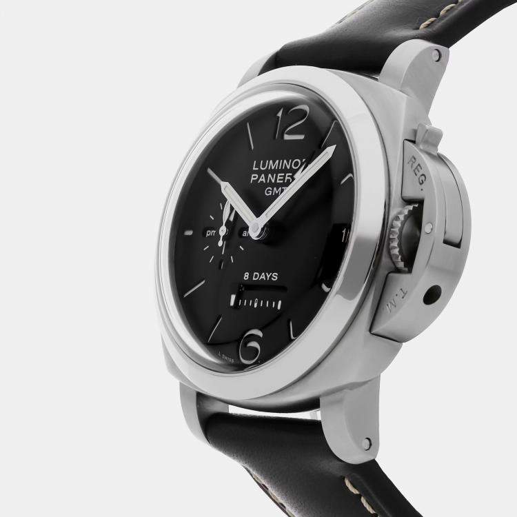 Pre Owned Pre-Owned Panerai Luminor 1950 8 Days GMT Acciaio PAM 233 Black Manual Winding Stainless Steel  Men's Wristwatch 44 MM