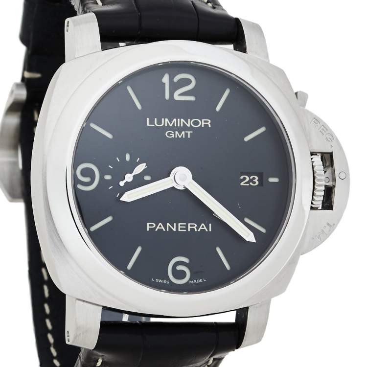 Pre Owned Panerai Black Stainless Steel Luminor 1950 GMT PAM00320 Men's Wristwatch 44 mm