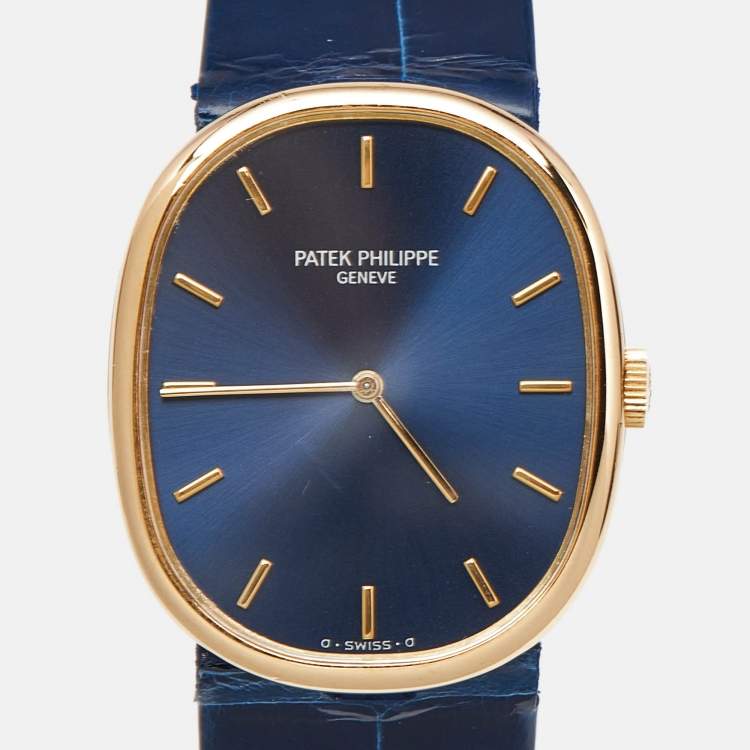 Pre Owned Patek Philippe Blue 18K Yellow Gold Alligator Leather Ellipse 3848 Men's Wristwatch 27 mm