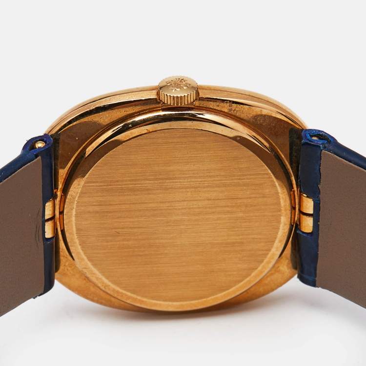 Pre Owned Patek Philippe Blue 18K Yellow Gold Alligator Leather Ellipse 3848 Men's Wristwatch 27 mm
