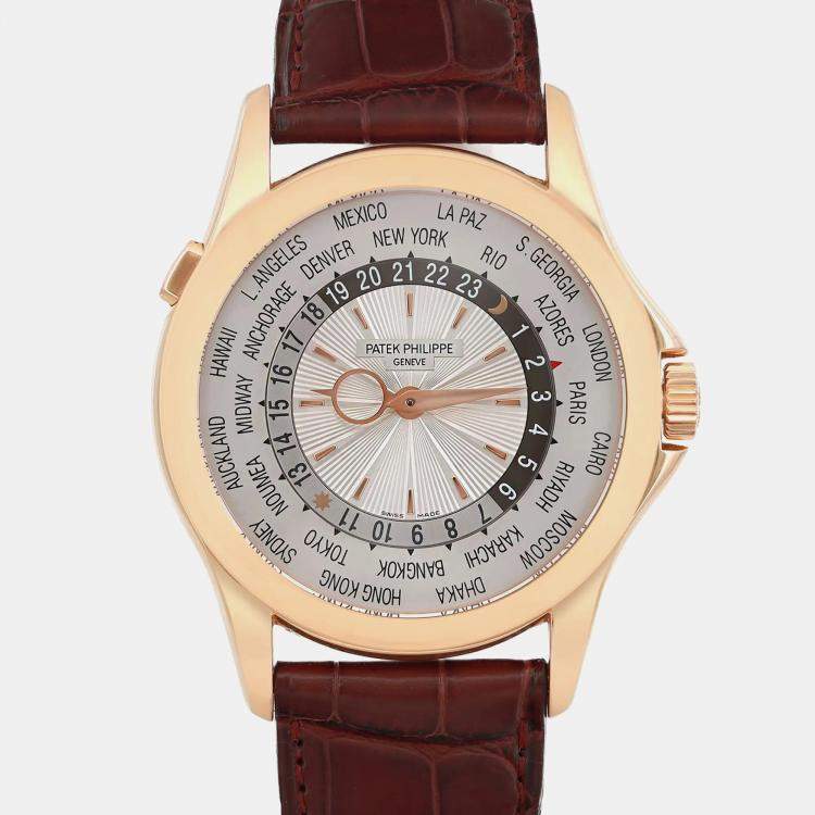 Pre Owned Patek Philippe Silver 18k Rose Gold World Time 5130R-001 Automatic Men's Wristwatch 39.5 mm