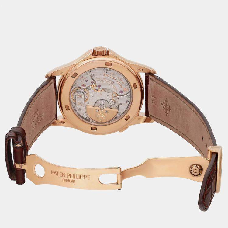 Pre Owned Patek Philippe Silver 18k Rose Gold World Time 5130R-001 Automatic Men's Wristwatch 39.5 mm